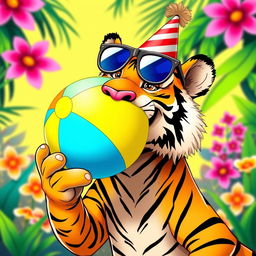 A playful tiger engaging in humorous antics, such as balancing a colorful beach ball on its nose while wearing oversized sunglasses and a silly party hat