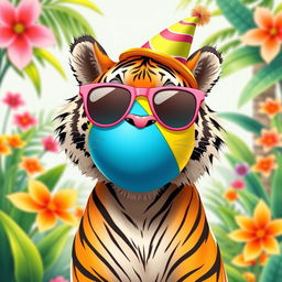 A playful tiger engaging in humorous antics, such as balancing a colorful beach ball on its nose while wearing oversized sunglasses and a silly party hat
