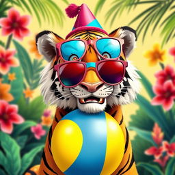 A playful tiger engaging in humorous antics, such as balancing a colorful beach ball on its nose while wearing oversized sunglasses and a silly party hat