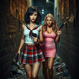 A striking photographic image set in a narrow, dark, dimly lit alley filled with garbage, featuring worn 'Wanted' posters peeling from the walls
