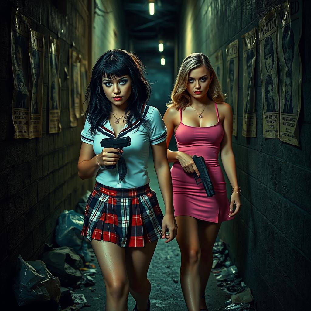 A striking photographic image set in a narrow, dark, dimly lit alley filled with garbage, featuring worn 'Wanted' posters peeling from the walls