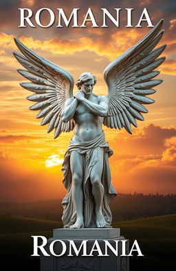 A stunning book cover featuring a Romanian man statue with a beautifully sculpted body and an attractive pose that conveys a sense of strength and elegance