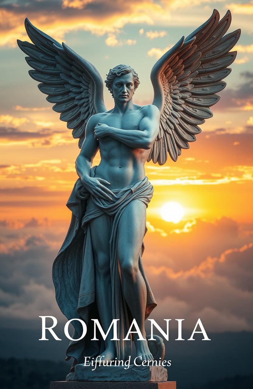 A stunning book cover featuring a Romanian man statue with a beautifully sculpted body and an attractive pose that conveys a sense of strength and elegance