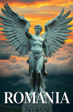 A stunning book cover featuring a Romanian man statue with a beautifully sculpted body and an attractive pose that conveys a sense of strength and elegance