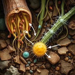 A detailed illustration showcasing protozoa involved in the symbiotic decomposition of cellulose