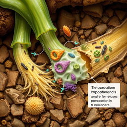 A detailed illustration showcasing protozoa involved in the symbiotic decomposition of cellulose