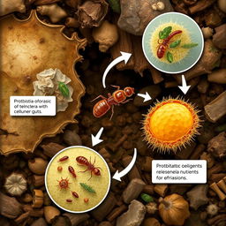 A detailed illustration showcasing protozoa involved in the symbiotic decomposition of cellulose