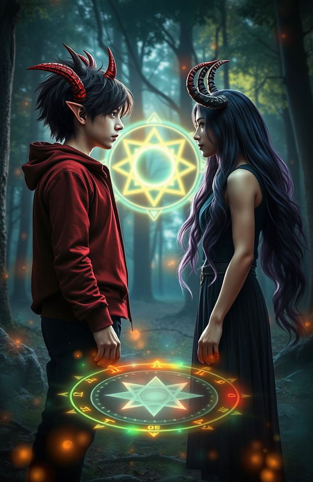 A male teenager and a female teenager with striking demon horns are standing facing each other, charged with an air of mystical energy, in front of a glowing magical spell circle