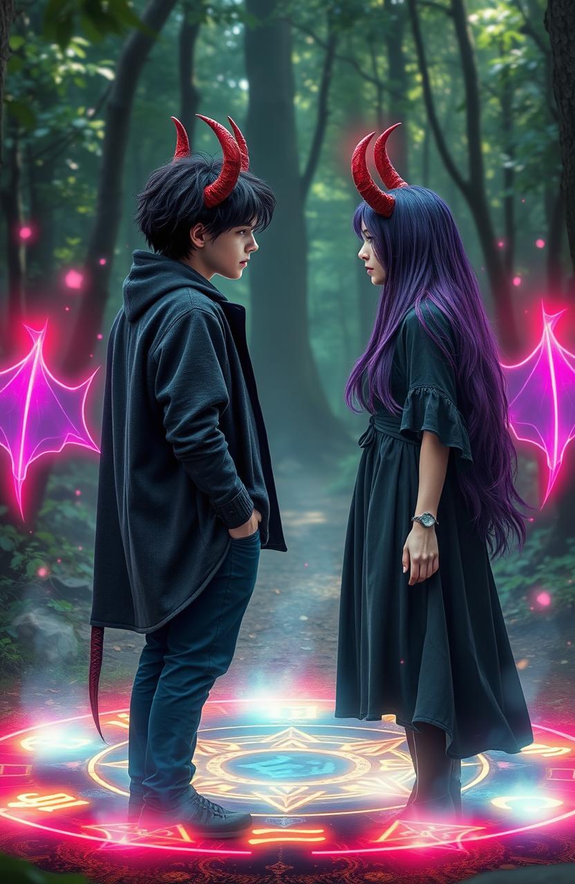 A male teenager and a female teenager with striking demon horns are standing facing each other, charged with an air of mystical energy, in front of a glowing magical spell circle