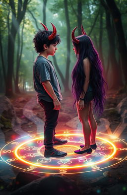 A male teenager and a female teenager with striking demon horns are standing facing each other, charged with an air of mystical energy, in front of a glowing magical spell circle