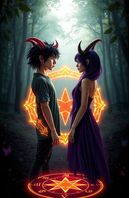 A male teenager and a female teenager with striking demon horns are standing facing each other, charged with an air of mystical energy, in front of a glowing magical spell circle
