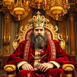 A regal image of a king sitting on a majestic throne in a grand palace, adorned in a luxurious royal robe made of deep crimson velvet and gold accents