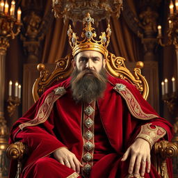 A regal image of a king sitting on a majestic throne in a grand palace, adorned in a luxurious royal robe made of deep crimson velvet and gold accents
