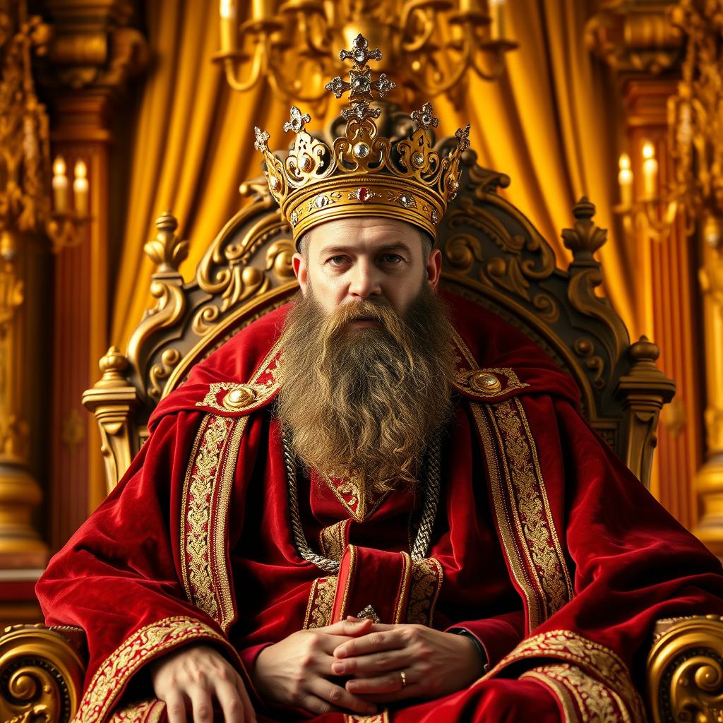 A regal image of a king sitting on a majestic throne in a grand palace, adorned in a luxurious royal robe made of deep crimson velvet and gold accents