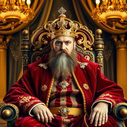 A regal image of a king sitting on a majestic throne in a grand palace, adorned in a luxurious royal robe made of deep crimson velvet and gold accents