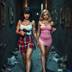 A striking photographic image set in a narrow, dark, dimly lit alley filled with garbage, featuring worn 'Wanted' posters peeling from the walls
