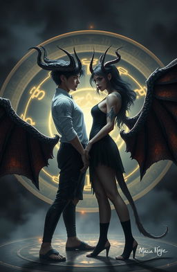 A male and a female young adult, each with striking demon horns and large, majestic wings, standing face to face in a dynamic pose