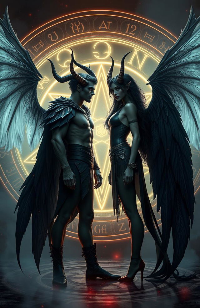 A male and a female young adult, each with striking demon horns and large, majestic wings, standing face to face in a dynamic pose