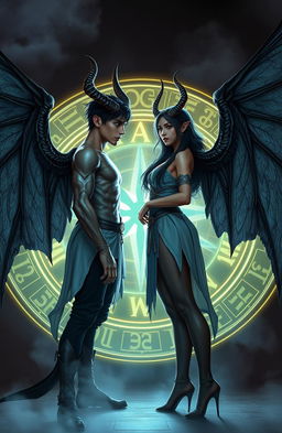 A male and a female young adult, each with striking demon horns and large, majestic wings, standing face to face in a dynamic pose