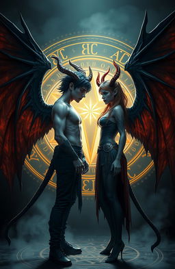 A male and a female young adult, each with striking demon horns and large, majestic wings, standing face to face in a dynamic pose