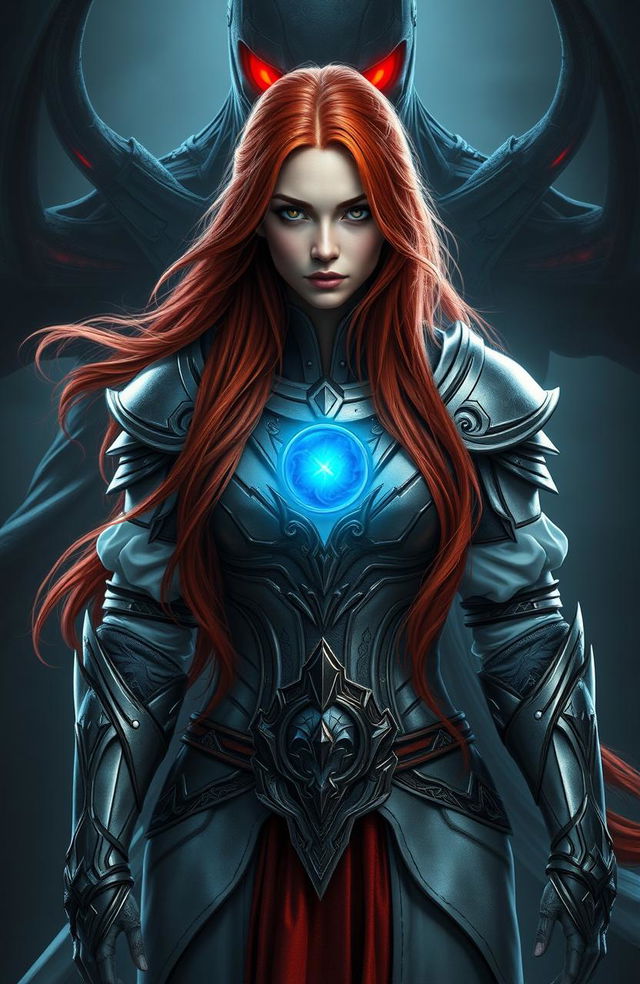 A woman with long flowing red hair, elegantly wearing light armor that complements her fierce yet graceful appearance