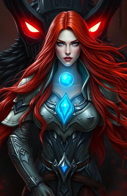 A woman with long flowing red hair, elegantly wearing light armor that complements her fierce yet graceful appearance