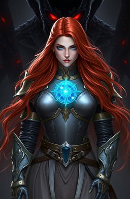 A woman with long flowing red hair, elegantly wearing light armor that complements her fierce yet graceful appearance