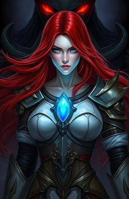 A woman with long flowing red hair, elegantly wearing light armor that complements her fierce yet graceful appearance