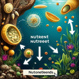 A detailed and informative illustration of protozoa involved in the release of available nutrients in an ecosystem