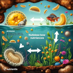 A detailed and informative illustration of protozoa involved in the release of available nutrients in an ecosystem