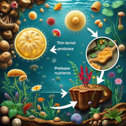 A detailed and informative illustration of protozoa involved in the release of available nutrients in an ecosystem