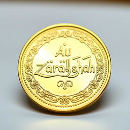 A beautifully designed gold coin featuring the inscription 'Au Zarafshan' elegantly embossed on its surface