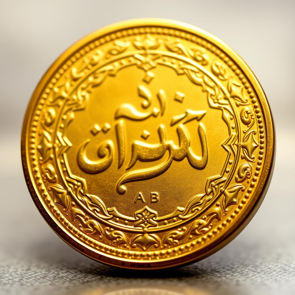 A beautifully designed gold coin featuring the inscription 'Au Zarafshan' elegantly embossed on its surface