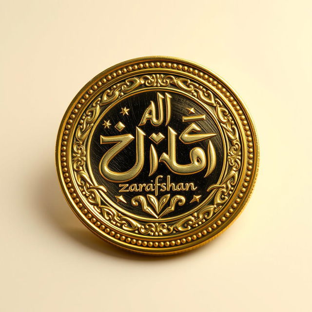 A beautifully designed gold coin featuring the inscription 'Au Zarafshan' elegantly embossed on its surface