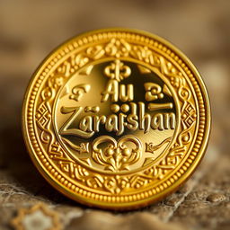 A beautifully designed gold coin featuring the inscription 'Au Zarafshan' elegantly embossed on its surface