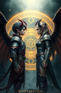 A male and a female young adult each with striking demon horns and elegant wings, wearing intricately designed armor, standing face to face