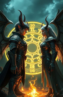 A male and a female young adult each with striking demon horns and elegant wings, wearing intricately designed armor, standing face to face