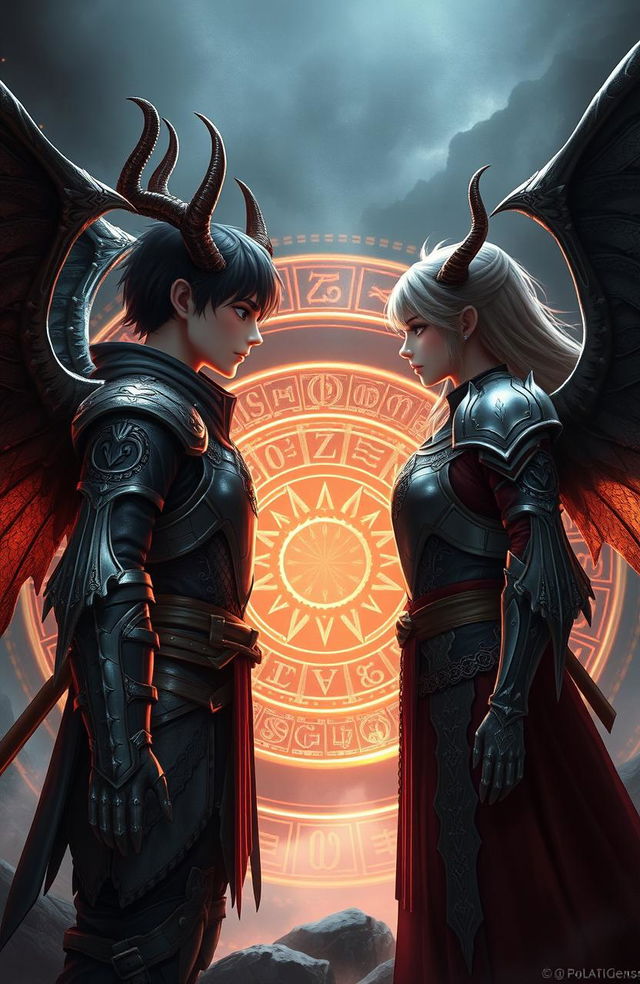 A male and a female young adult each with striking demon horns and elegant wings, wearing intricately designed armor, standing face to face