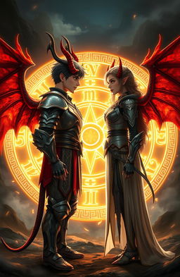 A male and a female young adult each with striking demon horns and elegant wings, wearing intricately designed armor, standing face to face