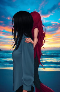 A scene depicting a black-haired woman wearing a button-up shirt and a long-haired red-haired mermaid