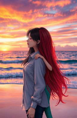 A scene depicting a black-haired woman wearing a button-up shirt and a long-haired red-haired mermaid