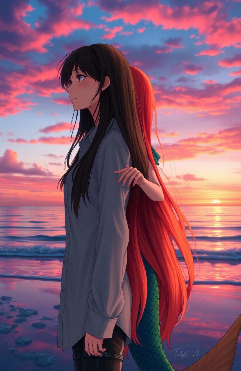 A scene depicting a black-haired woman wearing a button-up shirt and a long-haired red-haired mermaid