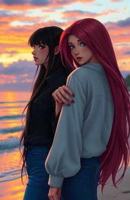 A scene depicting a black-haired woman wearing a button-up shirt and a long-haired red-haired mermaid