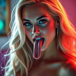 A sensual and alluring scene featuring a confident woman with long, flowing blonde hair
