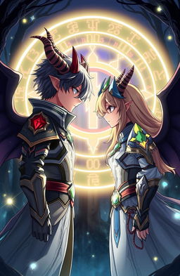 An anime-style illustration of a young adult male and female character facing each other, both adorned with demon horns and wings