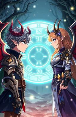 An anime-style illustration of a young adult male and female character facing each other, both adorned with demon horns and wings