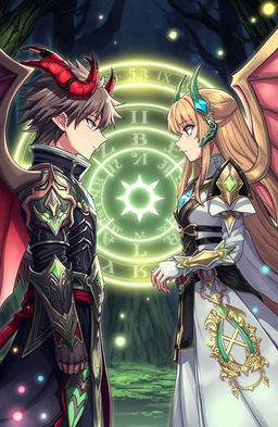 An anime-style illustration of a young adult male and female character facing each other, both adorned with demon horns and wings