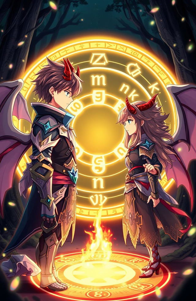 An anime-style illustration of a young adult male and female character facing each other, both adorned with demon horns and wings