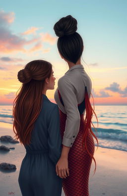A woman with black hair styled in a high bun, wearing a button-up shirt, stands next to a mermaid with long, reddish hair