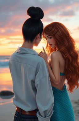 A woman with black hair styled in a high bun, wearing a button-up shirt, stands next to a mermaid with long, reddish hair
